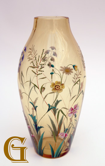 glass vase with enamel flowers